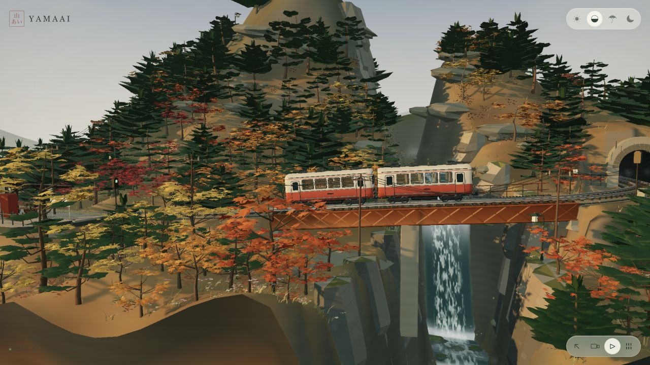 山间铁路黄昏全景，列车、钢桥与瀑布共同构成主画面