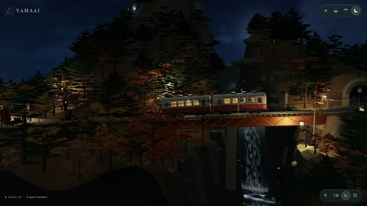 夜间山谷，局部暖光保留列车与车站，远山退成冷色轮廓