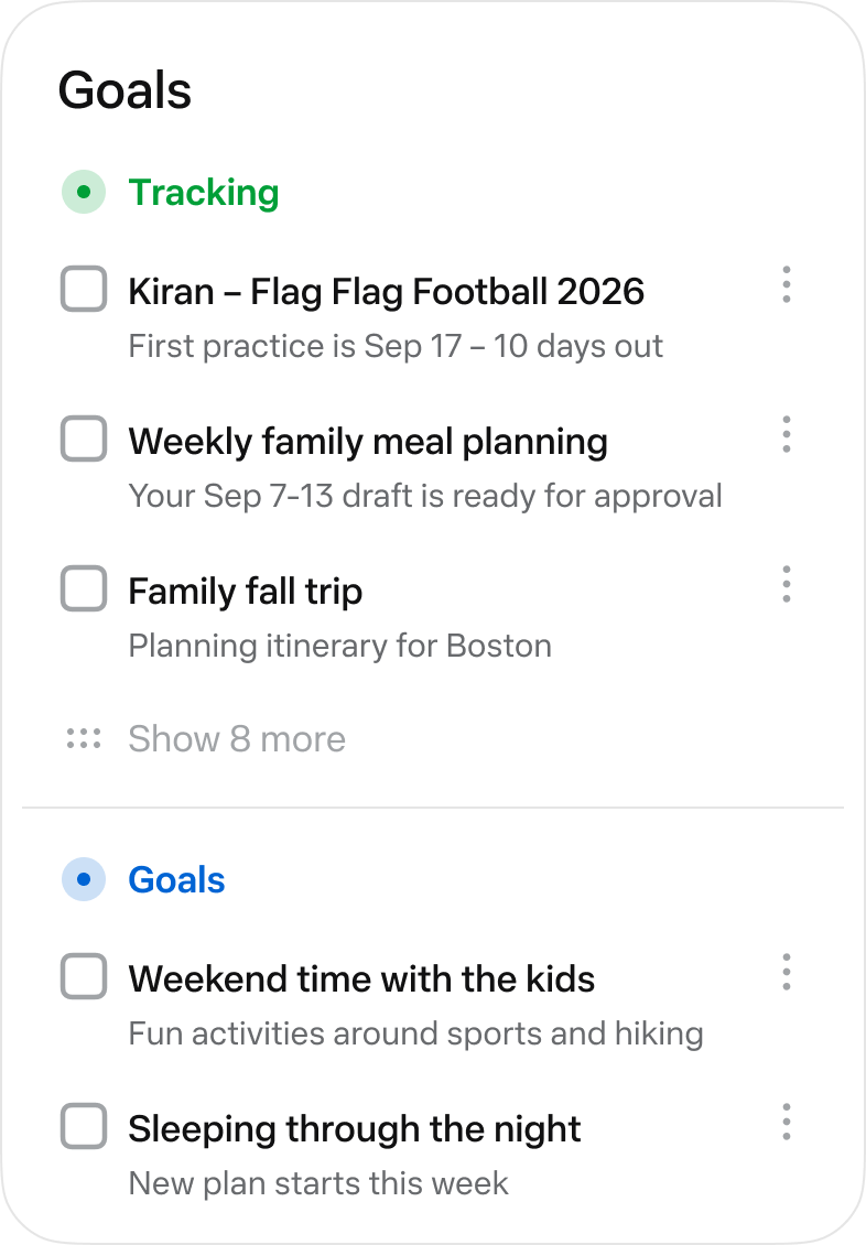 Goals 界面集中展示正在跟踪的事项和长期目标。