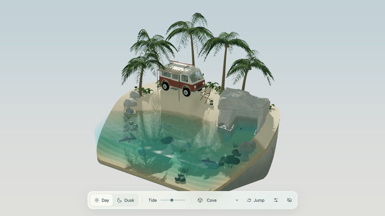 Tideglass Cove 日间全景，原作者在线 Demo 的运行截图